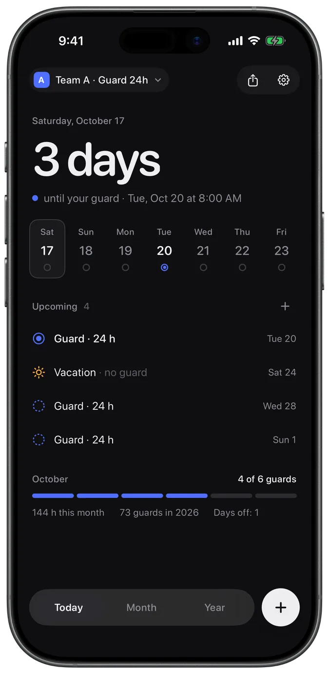 MedCal home screen showing 3 days until the next guard and the upcoming guards