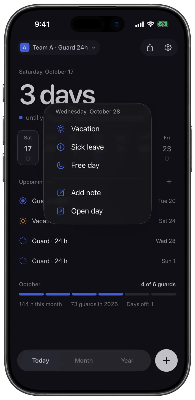 Menu to mark a day as vacation, sick leave or a free day