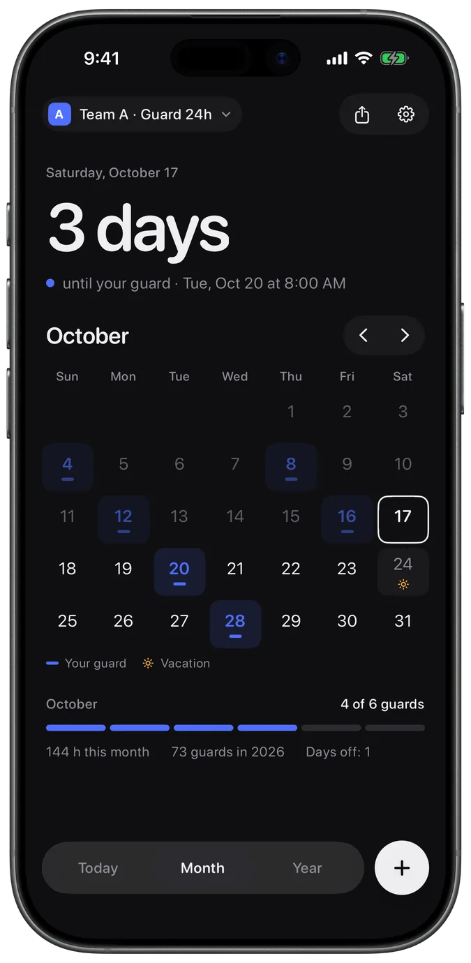 MedCal month view with guard days and a vacation day marked