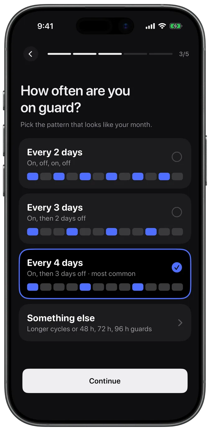 Onboarding step to choose a guard every 2, 3 or 4 days