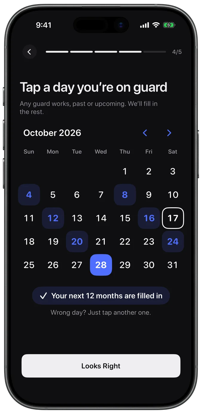 Onboarding calendar where tapping one guard day fills the next 12 months