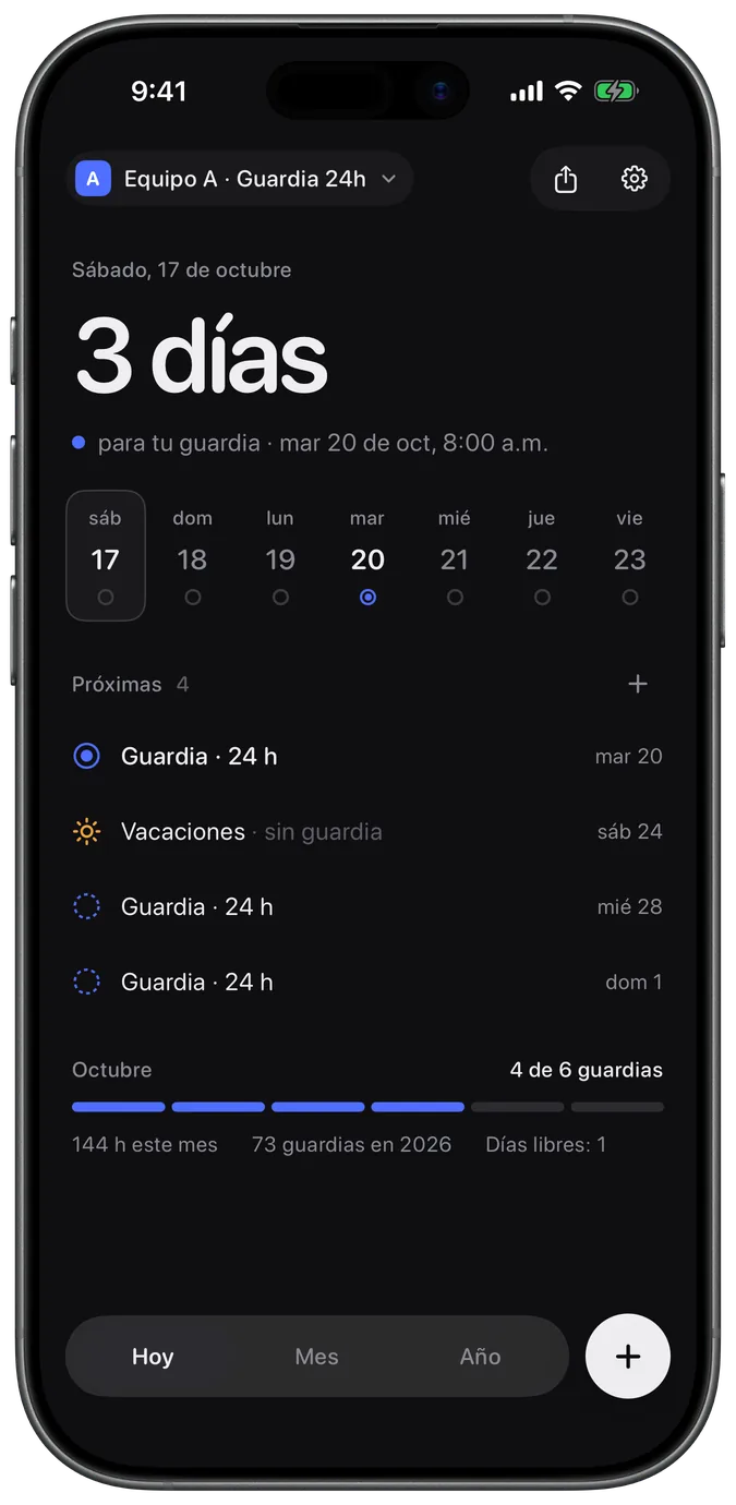 Pantalla de inicio de MedCal con 3 días para la próxima guardia y las guardias siguientes
