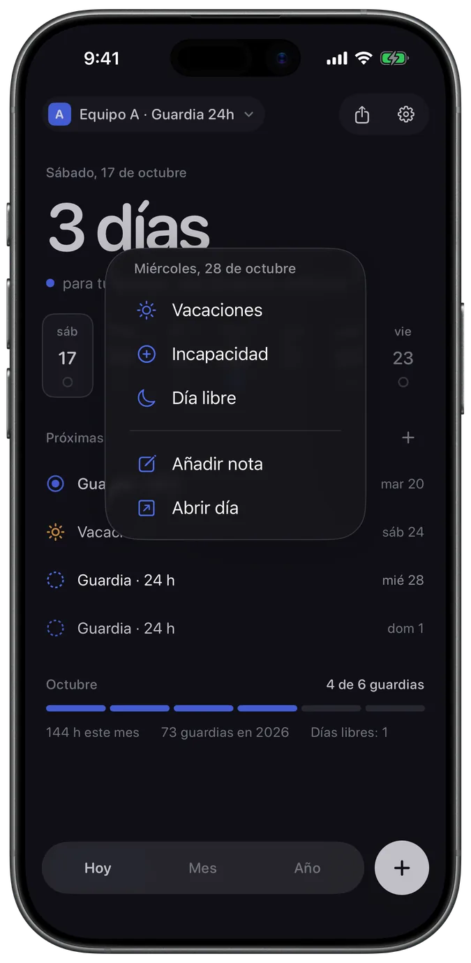 Menú para marcar un día como vacaciones, incapacidad o día libre