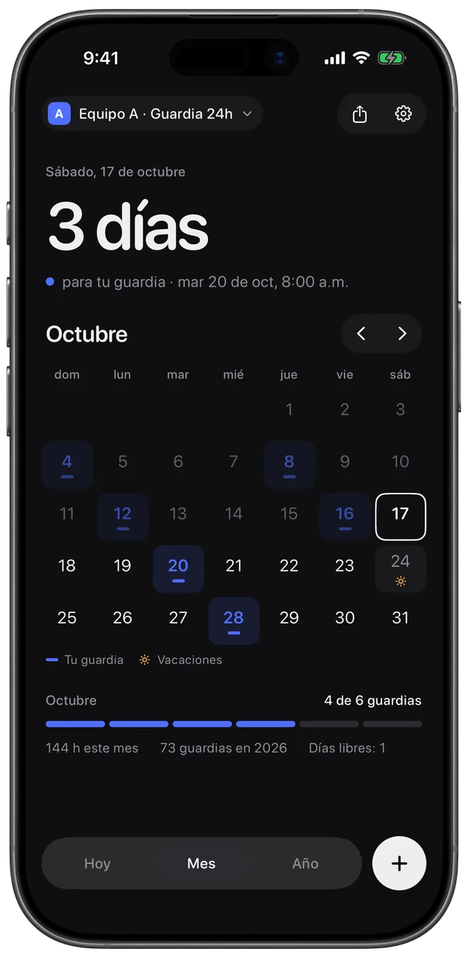 Vista mensual de MedCal con días de guardia y un día de vacaciones marcados