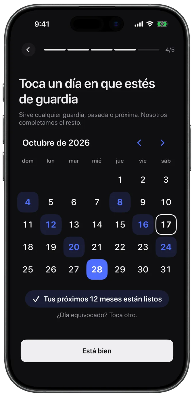 Calendario donde un día de guardia llena los próximos 12 meses