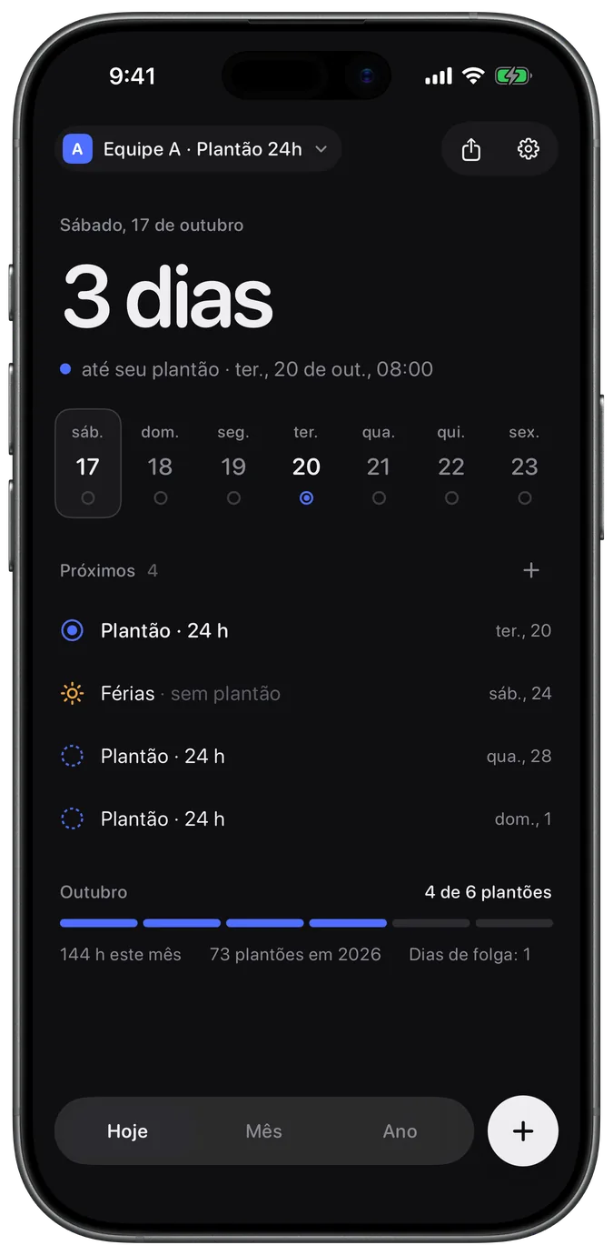 Tela inicial do MedCal com 3 dias até o próximo plantão e os plantões seguintes