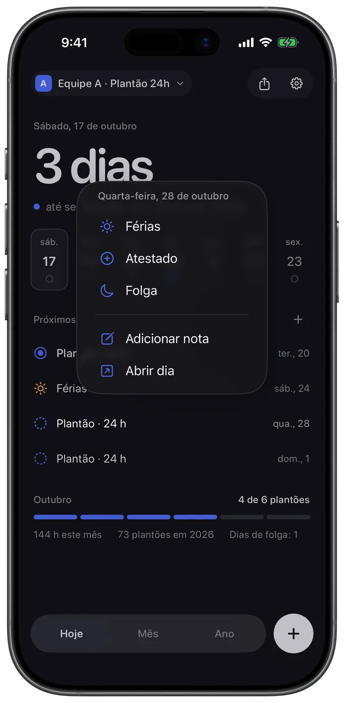 Menu para marcar um dia como férias, atestado ou folga
