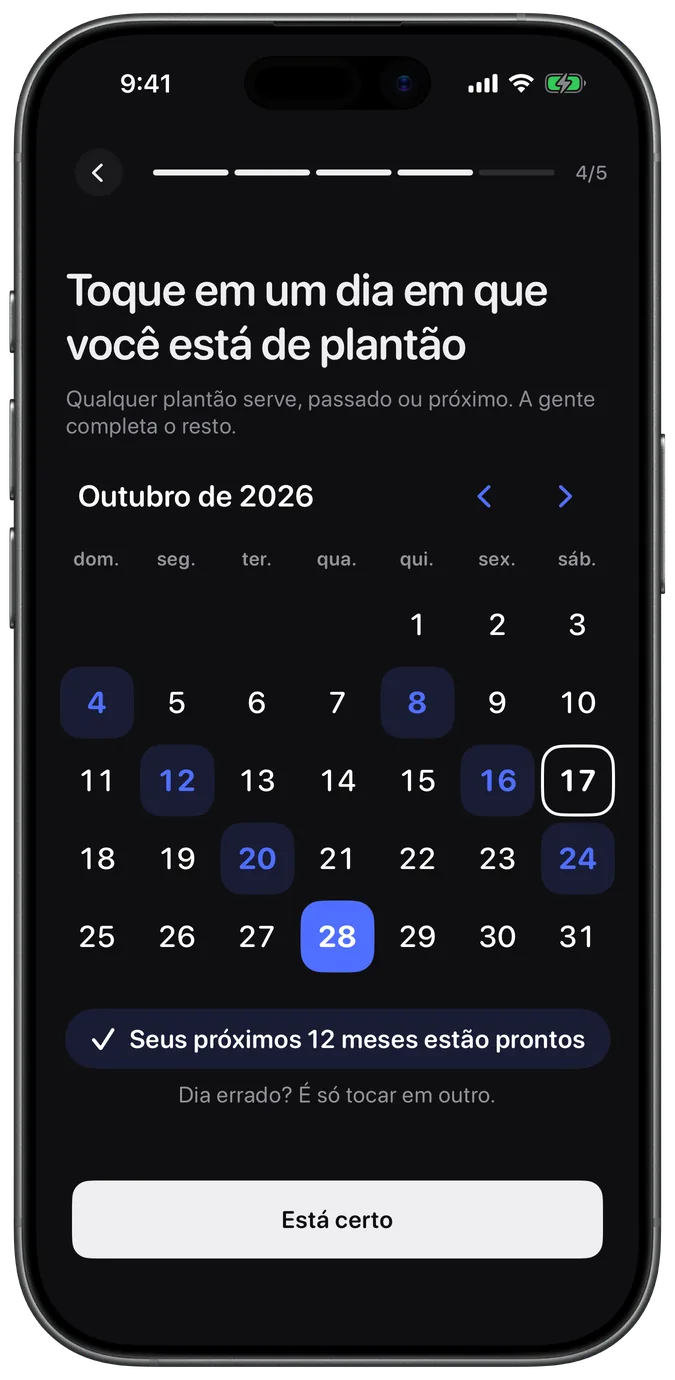 Calendário em que tocar um plantão preenche os próximos 12 meses
